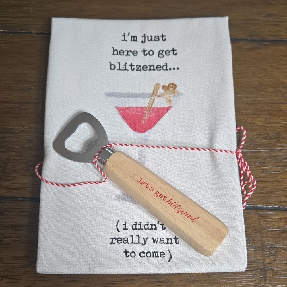 Mud Pie Cocktail Towel and Bottle Opener Set "I'm Just Here To Get Blitzened...